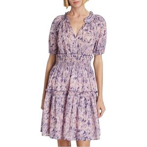 NEW Rails Fiorella Pink & Purple Ikat Inspired Print Tie Neck Mini Dress - L